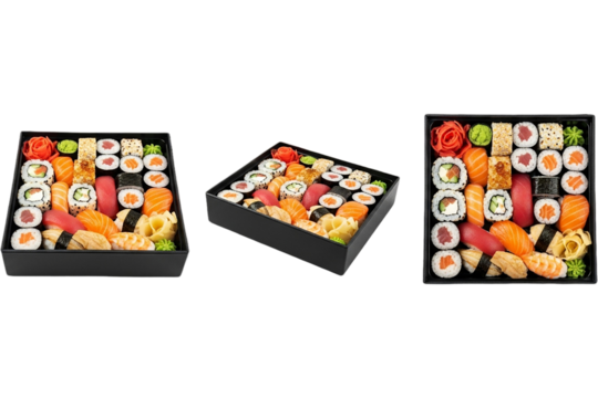 Sushi Extravaganza Assorted Nigiri Maki Rolls and Fresh Seafood in Bento Boxes Ready to Enjoy on transparent background