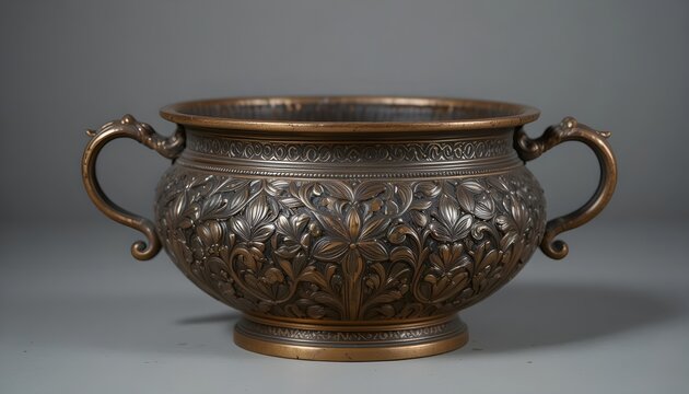  &ldquo;An old Indian brass lota with deep hand-engraved traditional motifs, darkened patina, oxidized copper tones, dents and aging marks, Mughal-era floral carving style, pure vintage Indian heritage ute