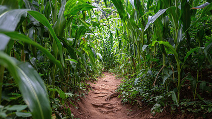 Wander through this captivating cornfield trail, where the lush greenery forms a natural tunnel, inviting exploration and wonder. Nature's embrace.