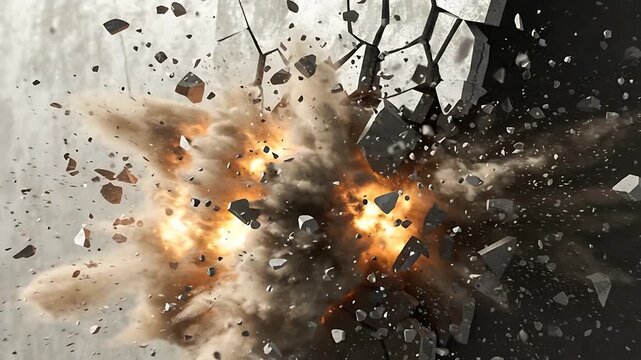 Dramatic wall explosion with flying debris and intense burst of energy, creating a dynamic visual