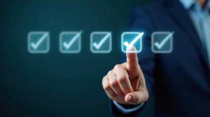 A suited person taps a glowing checkmark (among a row) on a digital interface.

