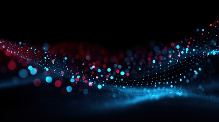 Abstract digital wave of glowing particles with red and blue colors on a black background