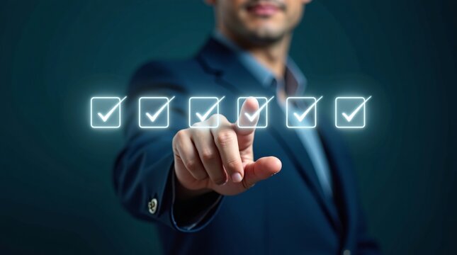 A man in a suit taps a glowing checkmark (among a row of them) on a digital interface
