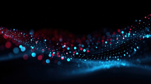 Abstract digital wave of glowing particles with red and blue colors on a black background