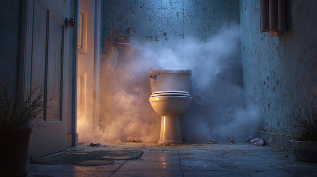 An eerie bathroom scene, with a toilet shrouded in mist, bathed in blue and orange light, creating a mysterious and unsettling atmosphere.