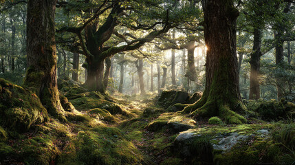 Obraz premium A mystical forest scene, with sunlight filtering through the trees, illuminating the path