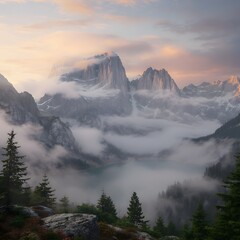 A peaceful mountain landscape wrapped in morning mist during sunrise, perfect for travel, nature, and environmental visuals.