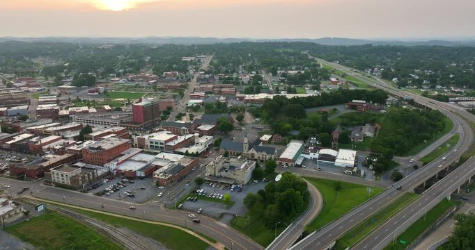 Johnson City, small historical city in northeastern Tennessee. Old buildings and Appalachian mountain backdrop in Washington County, USA.