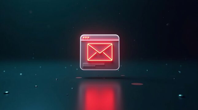 A glowing red neon browser icon (with an envelope) floats on a dark, sparkly background, casting a red reflection below.