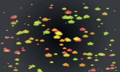 Abstract colorful glowing pentagons floating in dark space, creating a festive and magical atmosphere.