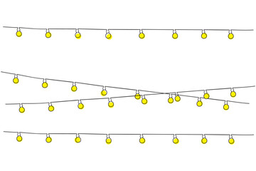 One continuous line drawing of Christmas garlands with light bulbs. Christmas ornament string and festive border in simple linear style.