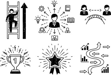 Fototapeta premium A doodle style collection of hand-drawn icons representing business success, career growth, and achievement concepts.