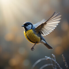 Obraz premium A tomtit bird in mid-flight during autumn in Siberia, Tomsk, showcasing vibrant plumage, dynamic motion.
