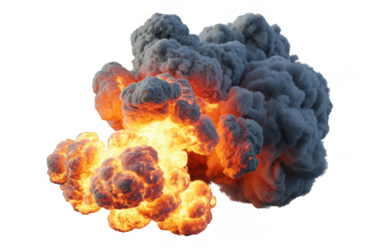 Intense fiery explosion with dark grey smoke plumes against black isolated on a transparent background