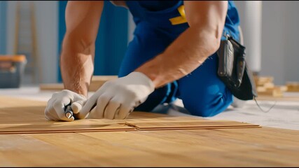Handyman installs new wooden flooring