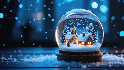 Winter scene with snow globe featuring cozy homes and pine trees illuminated by warm lights