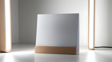 A professional photo of an elegant blank tabletop calendar with a wooden base and slot, featuring a minimalist grid design printed on premium white cardstock, shot in professional product lighting.