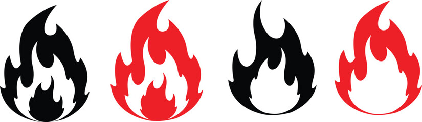 Four Stylized Fire Flame Icons in Red and Black symbol