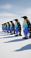 Obraz premium Festive penguins with snowflakes on snowy landscape