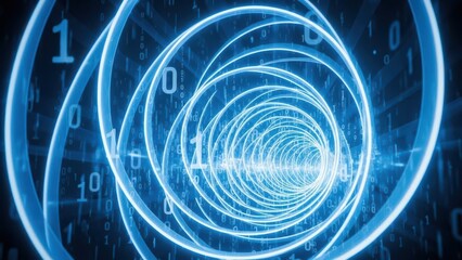 Abstract digital tunnel with glowing blue binary code futuristic technology concept for data transfer and cyberspace seamless loop