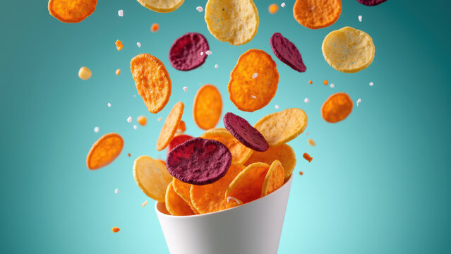 Crispy snacks in various colors fall from white cup against vibrant blue background, creating playful and dynamic scene