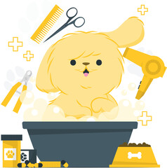 Cute yellow dog getting a bath with grooming tools and supplies puppy washing