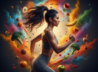 A woman running through a colorful explosion of fruits and vegetables