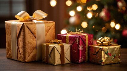 Beautifully wrapped gifts arranged on a wooden table in front of a decorated Christmas tree