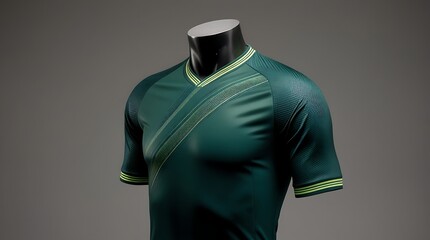 A High-quality soccer jersey on an invisible mannequin, deep forest green with a faint diagonal pattern of lighter green threads, slim athletic cut with a tailored fit, textured collar.