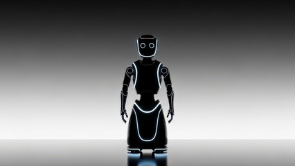 Futuristic humanoid robot with glowing outlines standing in a dark room concept for artificial intelligence and robotics