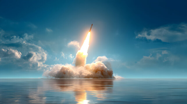 Rocket launch from a calm ocean during a bright day with clouds in the background