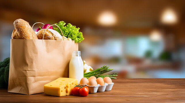 Fresh groceries in a brown paper bag on a wooden table in a bright kitchen setting