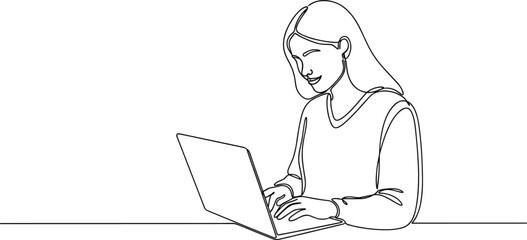 One-Line Drawing of Woman Working on a Laptop.