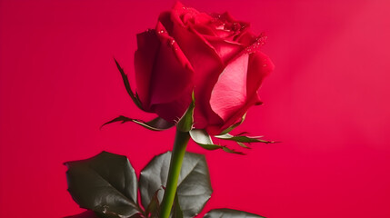 A vibrant red rose stands tall against a matching red backdrop,  its velvety petals and verdant leaves showcasing natures artistry and passionate allure