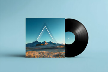 Modern vinyl record art showcasing a geometric design over a mountain landscape
