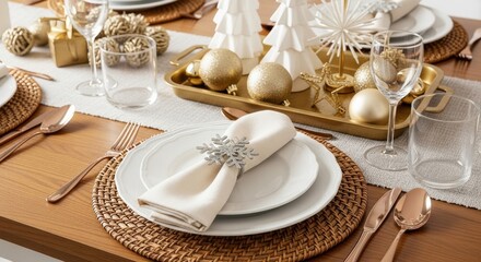 Elegant Christmas Table Setting with Gold Ornaments