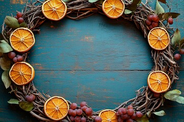 Rustic grapevine wreath adorned with dried orange slices and pinecones for seasonal decoration