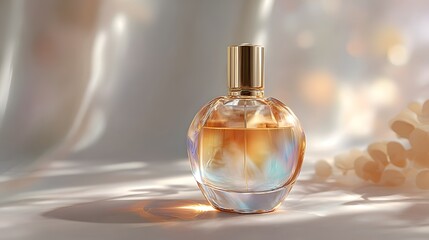 Eleganter Parfümflakon mit schwebenden Perlen im Pastelllicht
