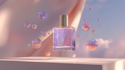 Eleganter Parfümflakon mit schwebenden Perlen im Pastelllicht
