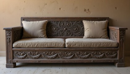  “An old Qatari majlis wooden furniture piece made from dark, weathered desert wood, hand-carved Bedouin geometric patterns, cracked surfaces, faded traditional fabric cushions, natural sand-dust agei