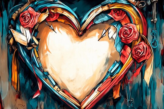 Old book styled greeting card featuring intricate heart design with roses and letters in a decorative frame - Powered by Adobe