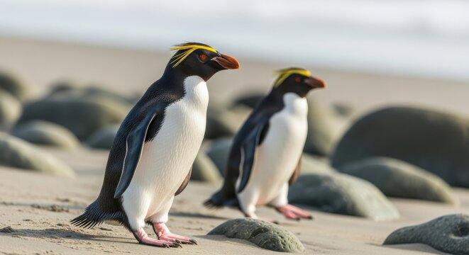 Two crested penguins on a rocky beach