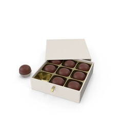 Luxury white gift box containing nine dark chocolate truffles in a gold foil tray. Isolated png