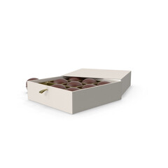 Luxury white gift box containing nine dark chocolate truffles in a gold foil tray. Isolated png