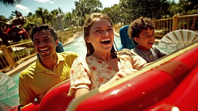 A man and woman and two children riding a roller coaster at a theme park