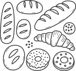 Bakery bread and pastry doodle set – hand-drawn vector illustration