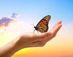 Butterfly rests on a hand with a bright sunset sky in the background, creating a peaceful and airy scene