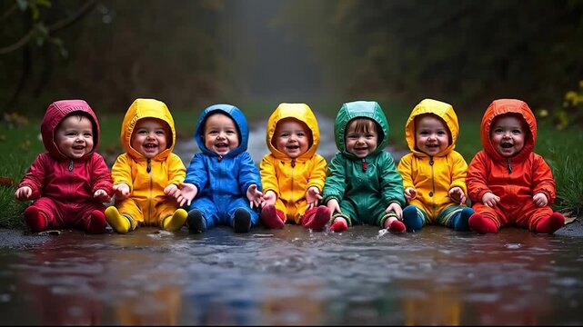 A group of children sitting in a row in the rain