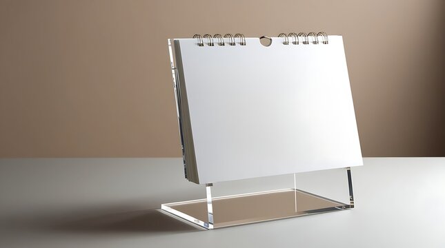Blank desktop calendar with a minimalist sleek acrylic stand, clean layout, empty grid, professional product photography setup with a neutral colored background.