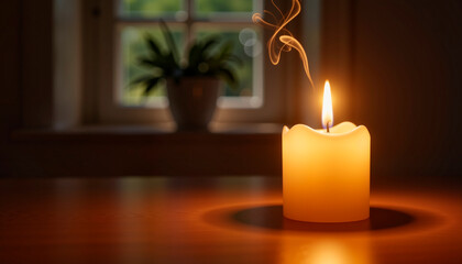 Solitary candle flickering softly in dim room, evoking remembrance